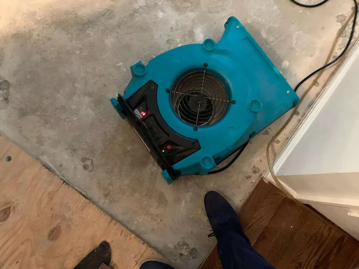 Air mover drying subfloor during Leak Detection & Repair in Schiller Park